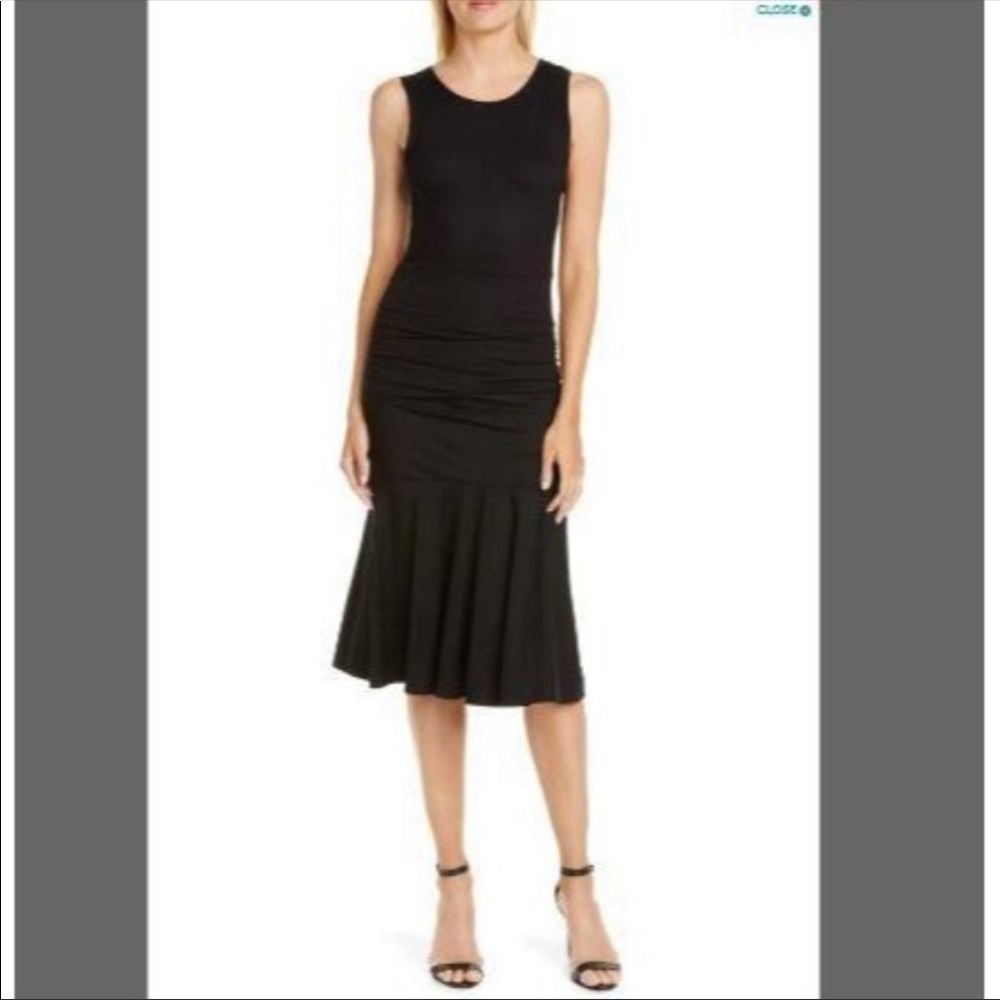 Black DVF dress with ruched sides on skirt. Size XL